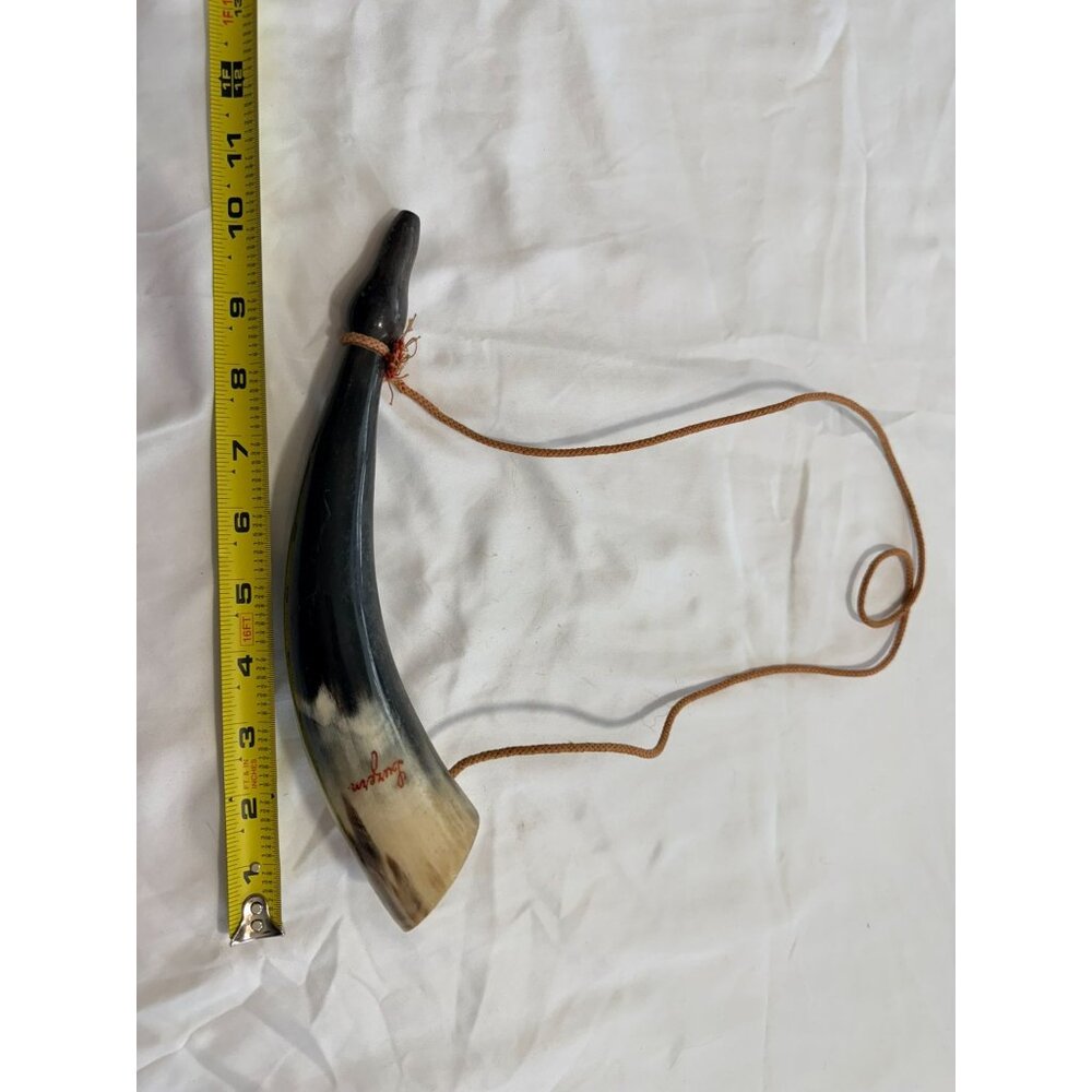 Vintage Swiss Cow Horn Drinking Vessel With Leather Strap & Luzern Engraving